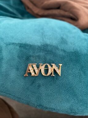 Gold 'AVON' Letter Pin Brooch with rhinestone accents - VINTAGE